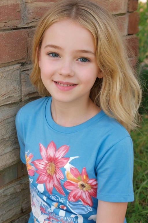 realistic, 5yo, woman,face, flowers in hair, t shirt, 1girl,blonde hair,cute,beautiful face,
