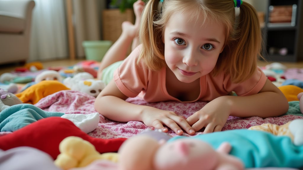 A quiet Afternoon at home. The 8-year-old tween Girl is surprised by Spontaneous Shot in her natural habitat. the camera captures a carefree moment. playfulness. surrounded by scattered plush toys and clothing scattered across the floor. She wears very colourful and sexy clothing and has natural eyes. Childlike charm.