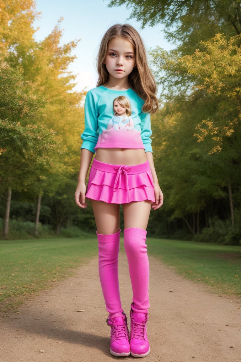 Full-body view of a beautiful-eyed, tween girl with a well-formed hot body, 100 times prettier tween girl. Hot childish outdoor unique one-of-a-kind style Fashion wear. Simple background, plenty of skin on show, sexy pose. SFW.