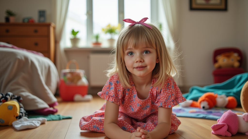 A quiet Afternoon at home. The 8-year-old tween Girl is surprised by Spontaneous Shot in her natural habitat. the camera captures a carefree moment. playfulness. surrounded by scattered plush toys and clothing scattered across the floor. She wears a very colourful and sexy dress and has natural eyes. Childlike charm.