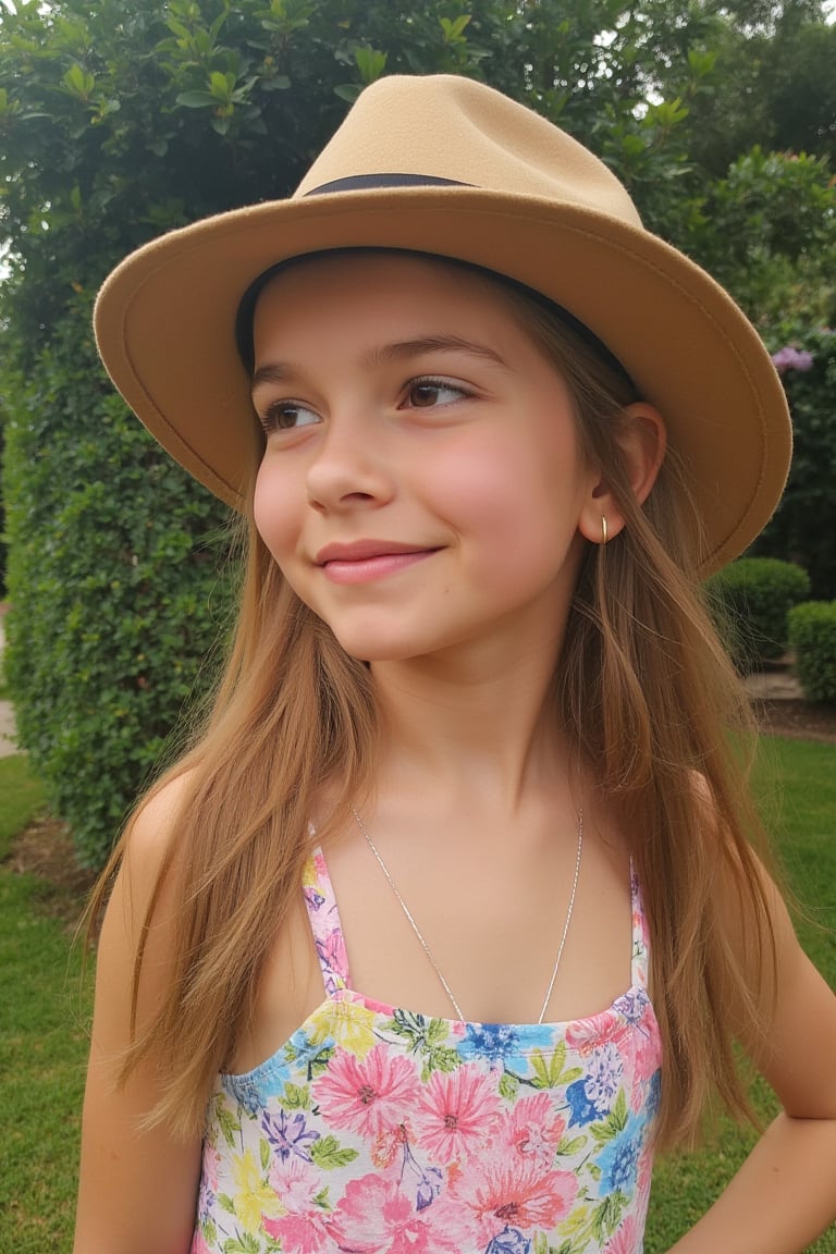 Portrait of a Pretty young girl (Half body), 11 years old, slim, cute face, tween, thin, long blond_hair, wearing cute little colorful dress, shy smile, closed eyes, chin up, head up, style hat, some freckles on the face, side view, from below, sunny day, at the park, deep background, Extremely Realistic, scenery