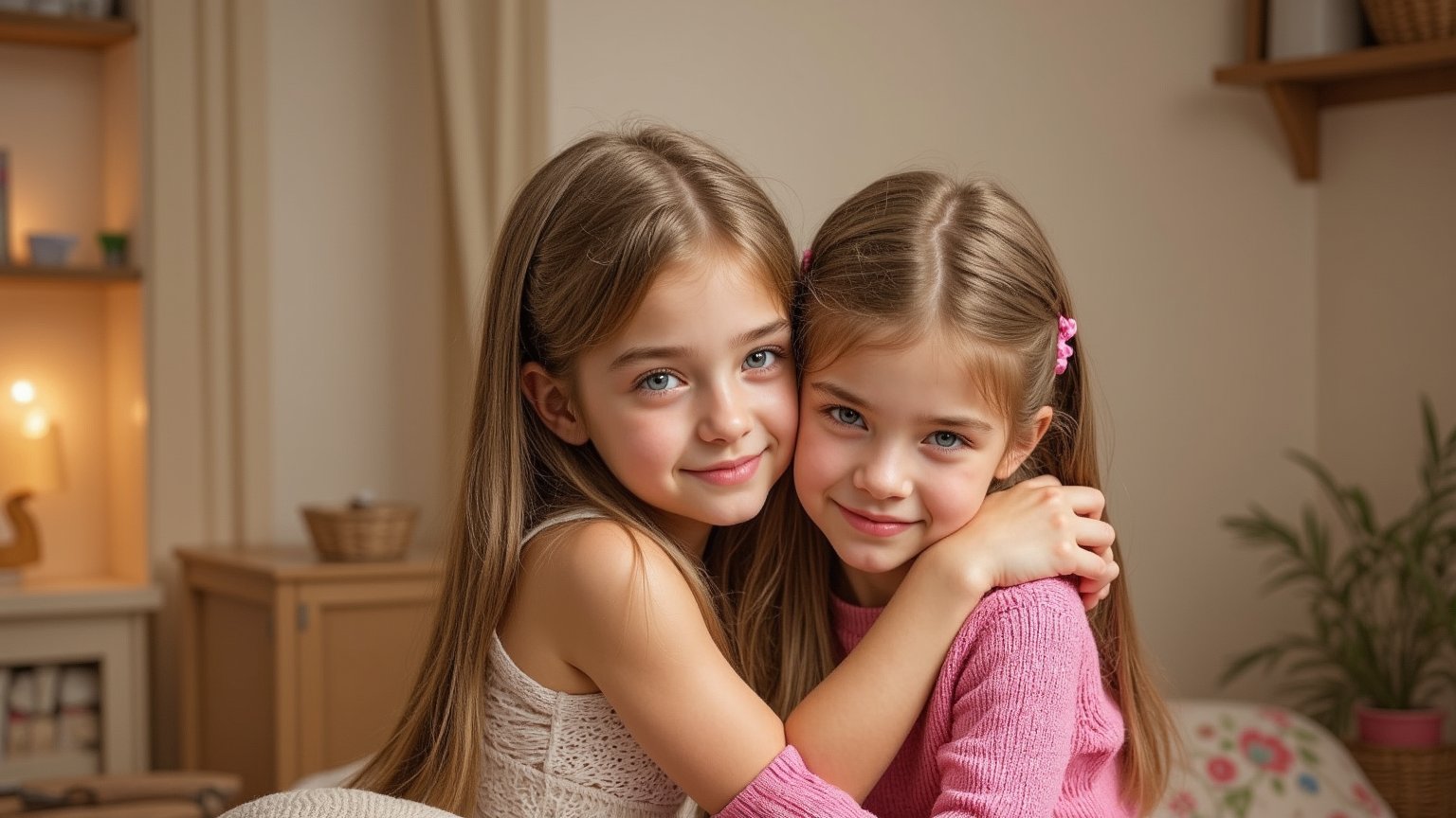 Two tween girls aged between 7 and 9 in a loving embrace. A childish, alluring style loving each other's company. The background is a warm loving environment.