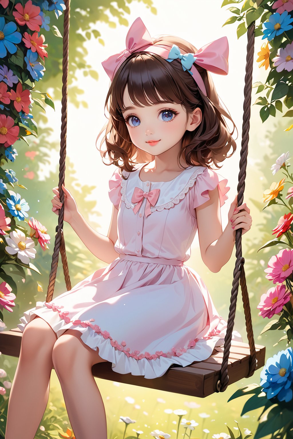 (best quality, highres), long brown hair,bow on head,girl,beautiful detailed eyes,beautiful detailed lips,long eyelashes,soft facial features, cute smile, looking at, flower garden background, sitting on a swing, vibrant colors,pleasant lighting,artistic rendering,(The cutest girl in the world:1.5),
