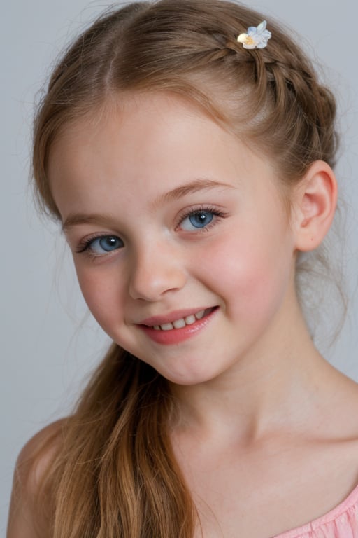 (8k, masterpiece, best quality, high res), little girl, long hair, ((hair pulled back hairstyles)), pale blue eyes, , brown hair with blue steaks,  smile,(closed mouth:1.2) , delicate eyes, delicate face, hair accessories,focus, portrait, 7-year-old-tween