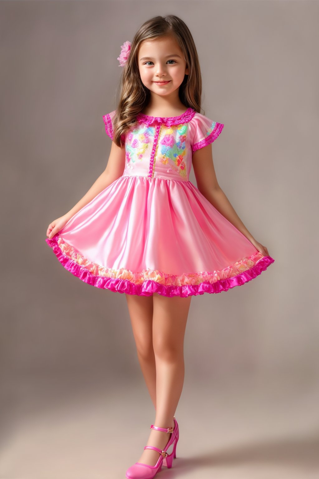 A young girl, around 11 years old, with a petite build and a mini-style, stands in alluring pose and the legs are slightly open. childish colorful wear 