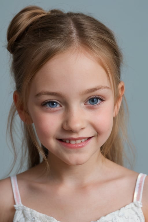 (8k, masterpiece, best quality, high res), little girl, long hair, ((hair pulled back hairstyles)), pale blue eyes, , brown hair with blue steaks,  smile,(closed mouth:1.2) , delicate eyes, delicate face, hair accessories,focus, portrait, 7-year-old-tween