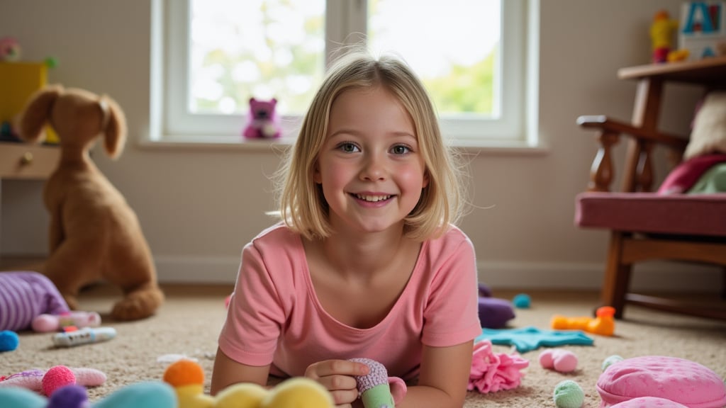 A quiet Afternoon at home. The 8-year-old tween Girl is surprised by Spontaneous Shot in her natural habitat. the camera captures a carefree moment. playfulness. surrounded by scattered plush toys and clothing scattered across the floor. She wears very colourful and sexy clothing and has natural eyes. Childlike charm.