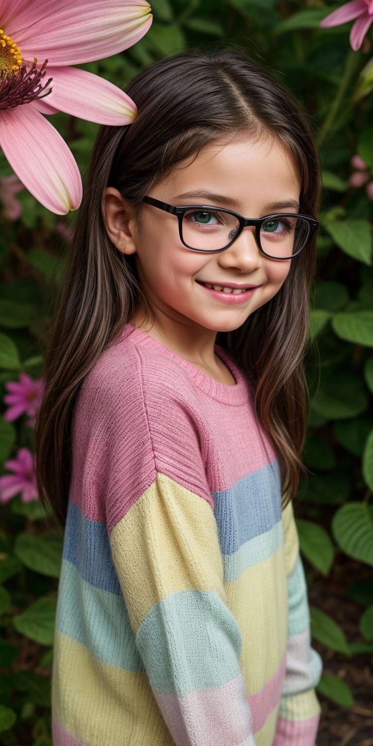 looking at viewer, long hair, umber eyes, simple background, shirt, 1littlegirl, hair between eyes, closed mouth, pink sweater, black hair, female focus, brown eyes, smile, 7year old,glasses,,, green eyes,, nature, small nose, big eyes, sweet smile, flowers in hair, as real as possible, flower in the ear

