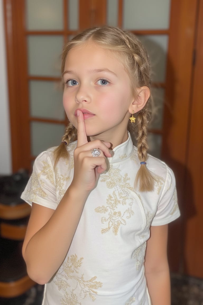 Envision a cute little girl, with blonde hair, blue eyes, ((kiss pose)), wearing 2 golden star earrings, white clothes, cheongsam with golden thread embroidery, steel chestpad, holding a face mask with the right hand, symmetrical, looking up, ((adorable expression)), full body, hair strand, Fair skin, glistening, 2 side braids, best quality, masterpiece, sharp focus, super detailed, 8k, high angle photo, close up, high contrast, (((tween, preteen, 7-year-old, 4k))), AIDA_LoRA_AnC, ((looking up her clothes)),