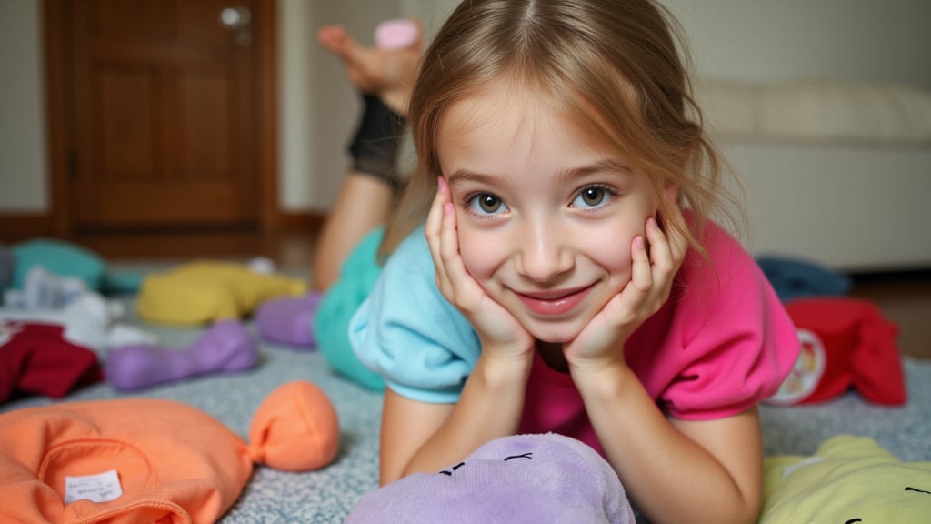 A quiet Afternoon at home. The 8-year-old tween Girl is surprised by Spontaneous Shot in her natural habitat. the camera captures a carefree moment. playfulness. surrounded by scattered plush toys and clothing scattered across the floor. She wears very colourful and sexy clothing and has natural eyes. Childlike charm.