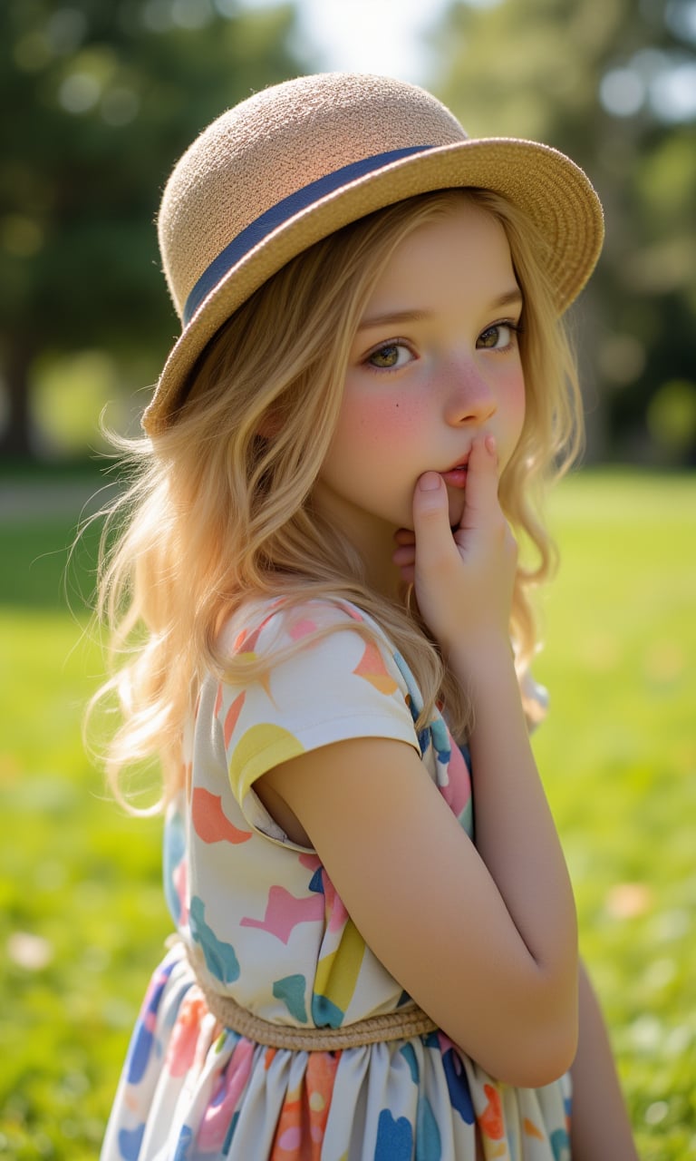 Portrait of a Pretty young girl (Half body), 11 years old, slim, cute face, tween, thin, long blond_hair, wearing cute little colorful dress, shy smile, closed eyes, chin up, head up, style hat, some freckles on the face, side view, from below, sunny day, at the park, deep background, Extremely Realistic, scenery