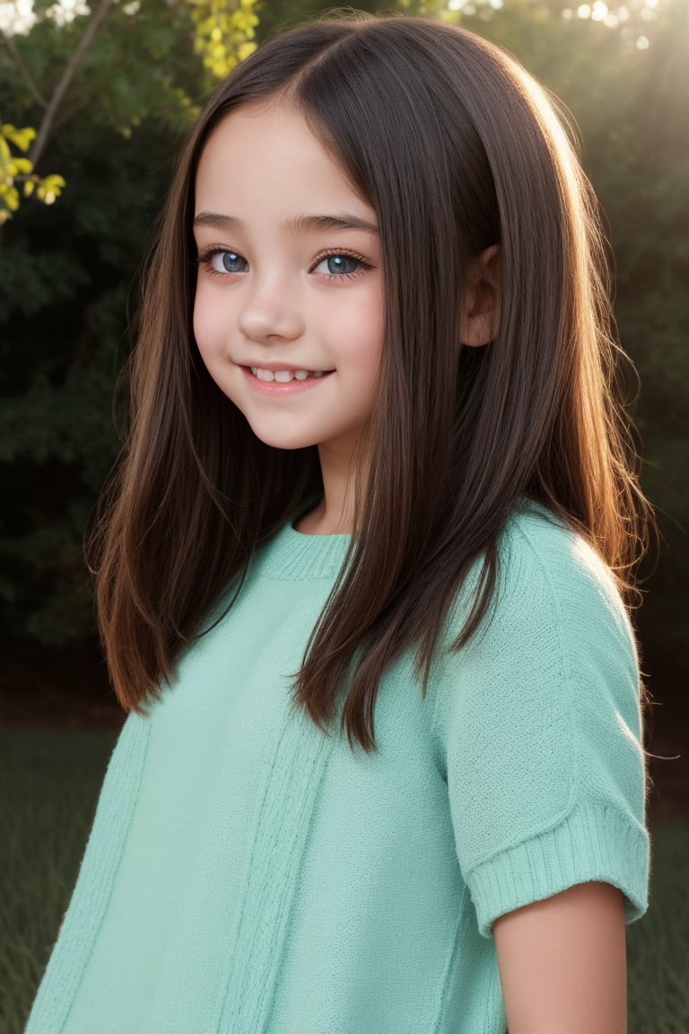 A happy tween girl who poses from the side in warm sunlight. 