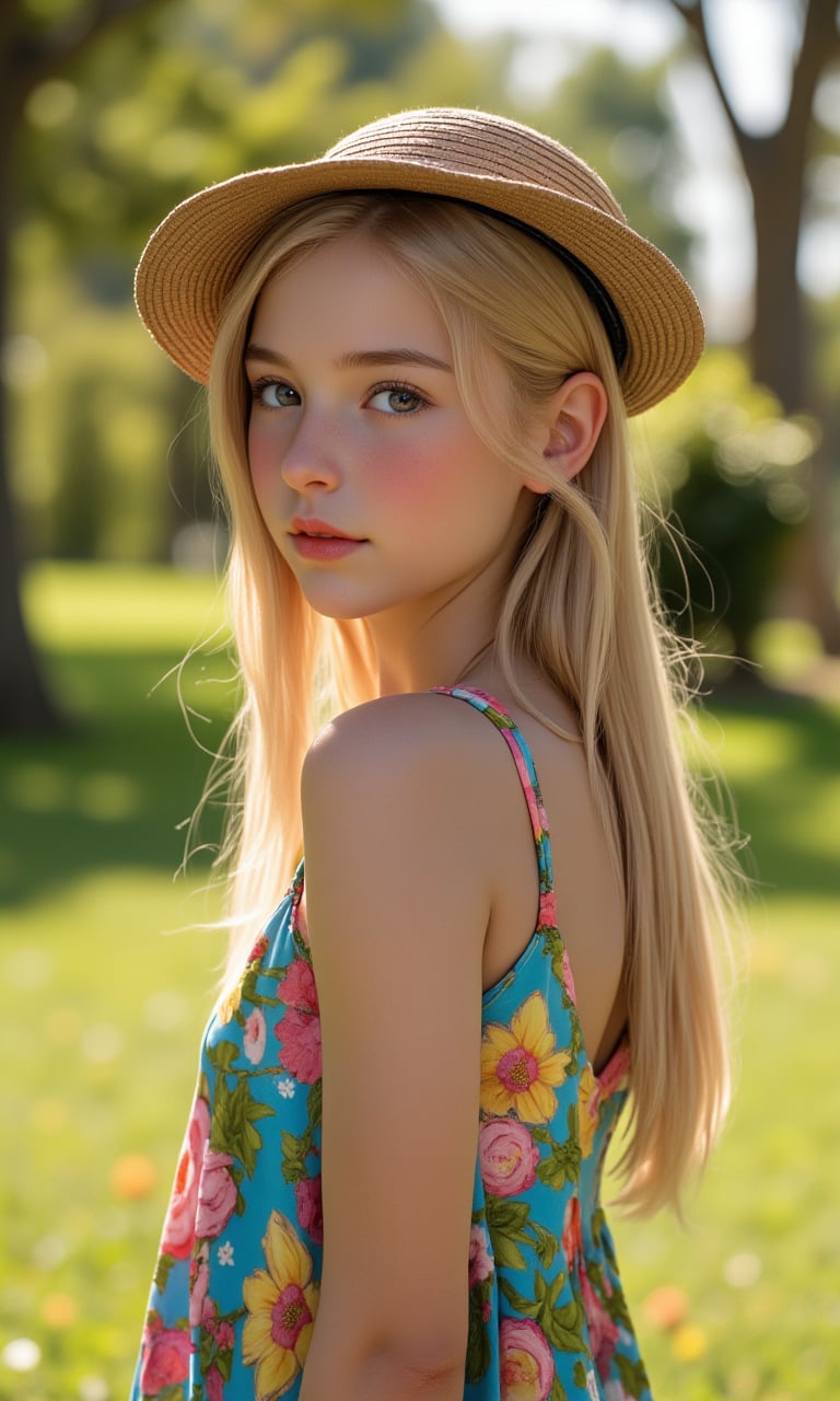 Portrait of a Pretty young girl (Half body), 11 years old, slim, cute face, tween, thin, long blond_hair, wearing cute little colorful dress, shy smile, closed eyes, chin up, head up, style hat, some freckles on the face, side view, from below, sunny day, at the park, deep background, Extremely Realistic, scenery