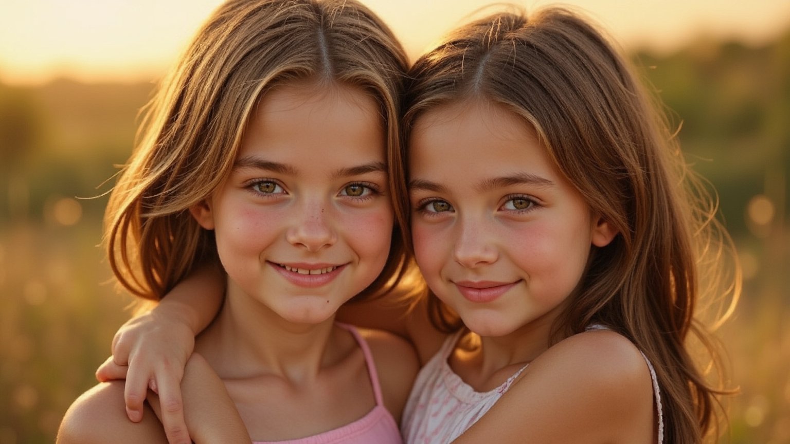 Two tween girls aged between 7 and 9 in a loving embrace. A childish, alluring style loving each other's company. The background is a warm loving environment.