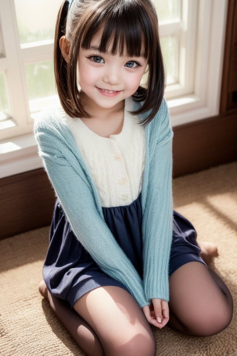 A masterpiece of innocence and charm: a cute loli girl sits proudly in a low-angle shot, her smile beaming as she showcases her short dress and matching stockings. The camera captures the intimacy of her pose, framing her from directly above to accentuate her youthful beauty. A hint of underwear peeks through the dress, adding to the allure. Her kawaii expression radiates warmth and friendliness.