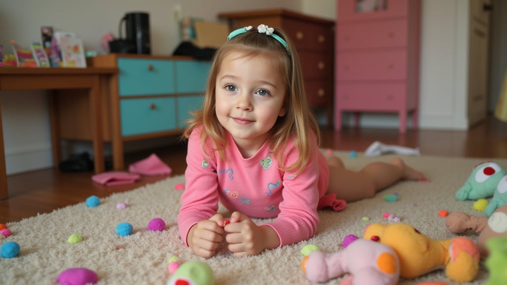 A quiet Afternoon at home. The 8-year-old tween Girl is surprised by Spontaneous Shot in her natural habitat. the camera captures a carefree moment. playfulness. surrounded by scattered plush toys and clothing scattered across the floor. She wears very colourful and sexy clothing and has natural eyes. Childlike charm.