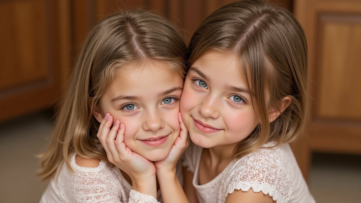 Two tween girls aged between 7 and 9 in a loving embrace. A childish, alluring style loving each other's company. The background is a warm loving environment. "Please Like" is written somewhere in the scene.