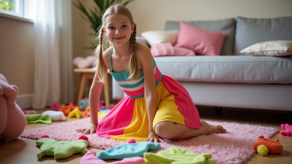 A quiet Afternoon at home. The 8-year-old tween Girl is surprised by Spontaneous Shot in her natural habitat. the camera captures a carefree moment. playfulness. surrounded by scattered plush toys and clothing scattered across the floor. She wears a very colourful and sexy dress and has natural eyes. Childlike charm.