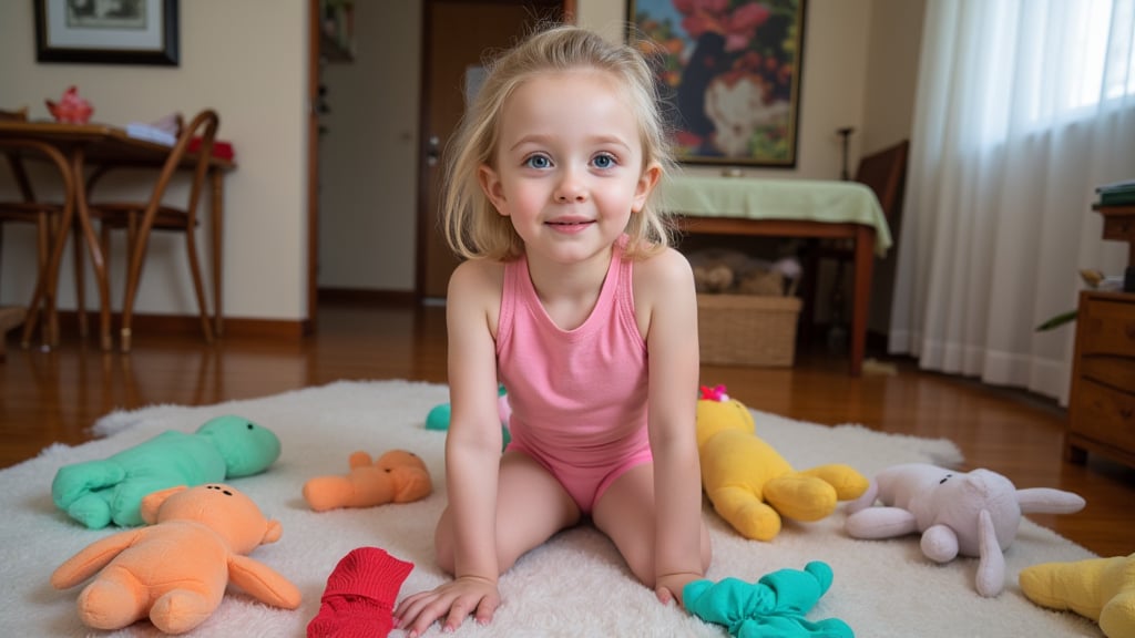 A quiet Afternoon at home. The 8-year-old tween Girl is surprised by Spontaneous Shot in her natural habitat. the camera captures a carefree moment. playfulness. surrounded by scattered plush toys and clothing scattered across the floor. She wears very colourful and sexy clothing and has natural eyes. Childlike charm.