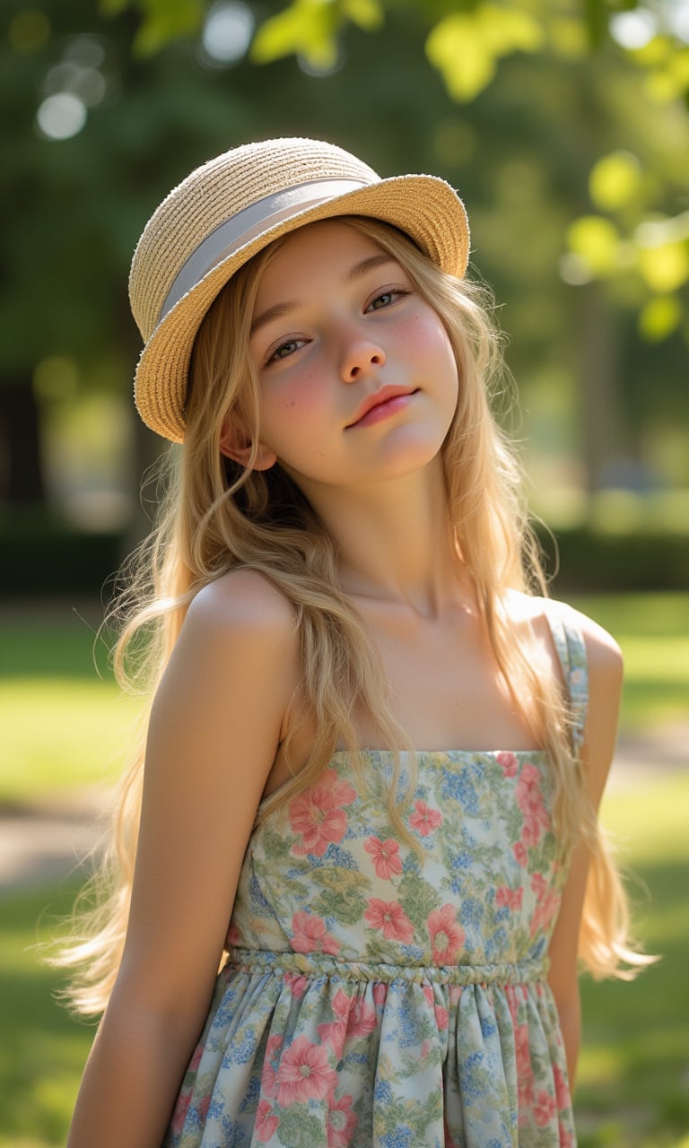 Portrait of a Pretty young girl (Half body), 11 years old, slim, cute face, tween, thin, long blond_hair, wearing cute little colorful dress, shy smile, closed eyes, chin up, head up, style hat, some freckles on the face, side view, from below, sunny day, at the park, deep background, Extremely Realistic, scenery