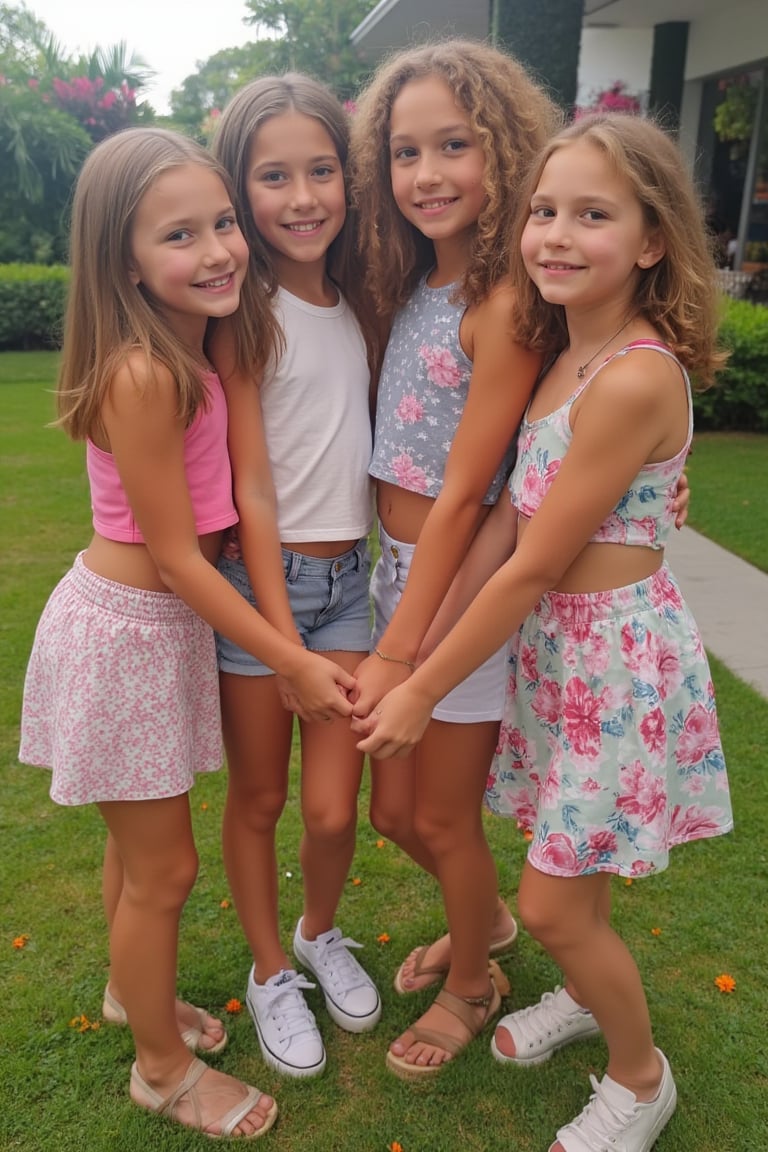 Full-body view of four beautiful-eyed, tween girls with a well-formed hot body who are friends, 100 times prettier tween girls. Hot childish outdoor unique one-of-a-kind style Fashion wear. Vibrant background, plenty of skin on show, They are huddled together while they show their love for one another, while looking sexy.for the camera. They have hands held or arms around each other, They showcase their love for each of their friends. Each of the girls looks completely different to one another. Slavic girls, Bruitish girls, Australian girls, American Girls.