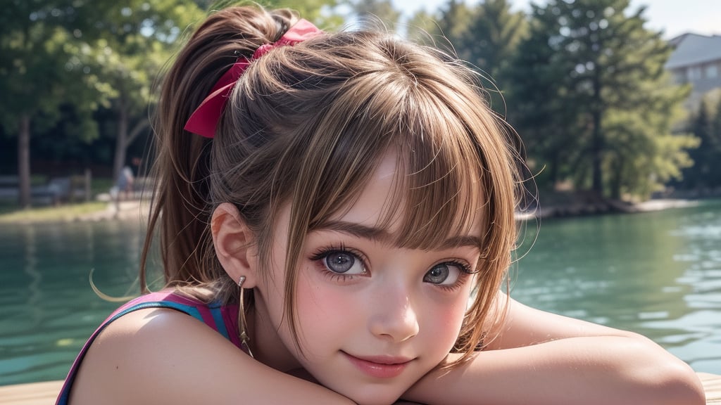 masterpiece, best quality, photorealistic, raw photo, cute tween child, beautiful young tween girl, Preteen girls, realistic face, high-resolution, realistic style,8k, detailed face, perfect face, Smiling widely, 
colour contact lenses, perfect skin, looking at the viewer, bending down, bent over a picnic table, earrings, hair ribbon, hair ornament, A mix of Brown and Blonde hair with a ponytail,  Blunt bangs, bright colourful outdoor lake, from front, little_cute_girl, 7yo, tween,