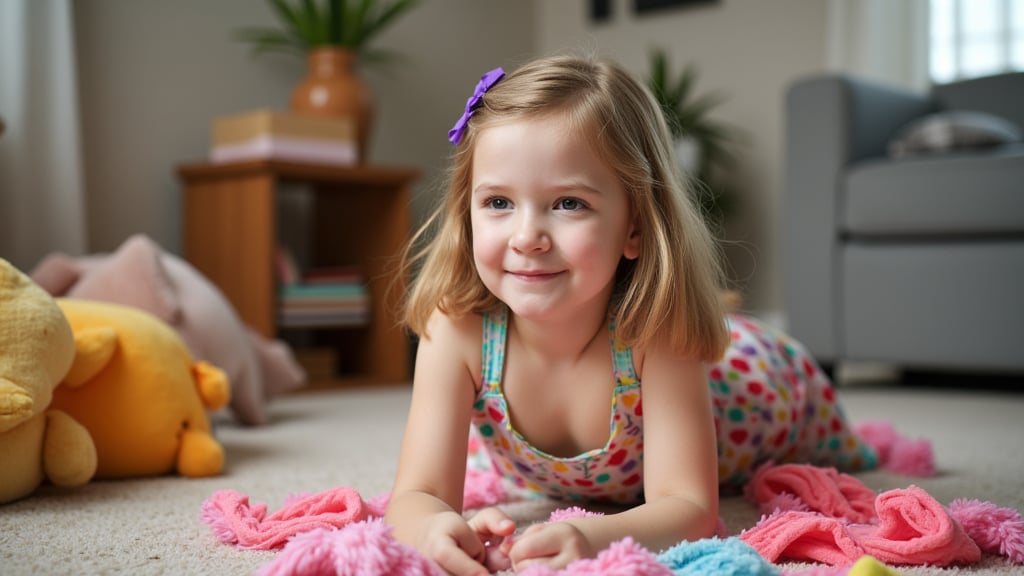 A quiet Afternoon at home. The 8-year-old tween Girl is surprised by Spontaneous Shot in her natural habitat. the camera captures a carefree moment. playfulness. surrounded by scattered plush toys and clothing scattered across the floor. She wears a very colourful and sexy dress and has natural eyes. Childlike charm.