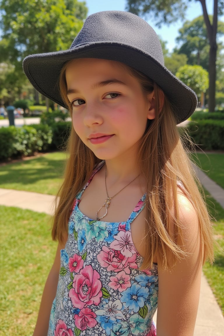 Portrait of a Pretty young girl (Half body), 11 years old, slim, cute face, tween, thin, long blond_hair, wearing cute little colorful dress, shy smile, closed eyes, chin up, head up, style hat, some freckles on the face, side view, from below, sunny day, at the park, deep background, Extremely Realistic, scenery