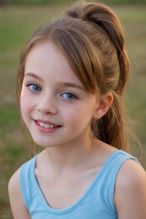 (8k, masterpiece, best quality, high res), little girl, long hair, ((hair pulled back hairstyles)), pale blue eyes, , brown hair with blue steaks,  smile,(closed mouth:1.2) , delicate eyes, delicate face, hair accessories,focus, portrait, 7-year-old-tween