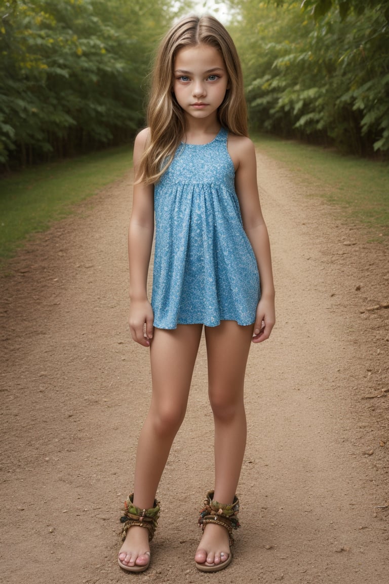 Full-body view of a beautiful-eyed, tween girl with a well-formed hot body, 100 times prettier tween girl. Hot childish outdoor unique one-of-a-kind style Fashion wear. Simple background, plenty of skin on show, sexy pose. SFW.