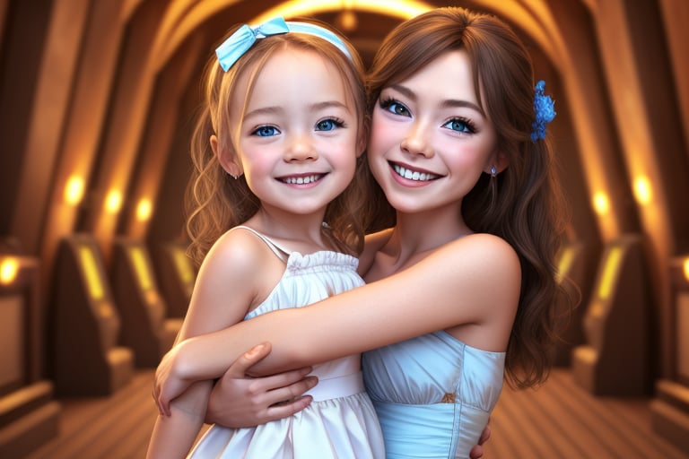 best quality, detailed face, long hair, black hair, skinny figure,  blue eyes, smiling 1girl, long dress, red dress, holding little child, child girl blond hair, crowded theatre, symmetrical, vibrant, style artwork, highly detailed CG, 8k wallpaper 