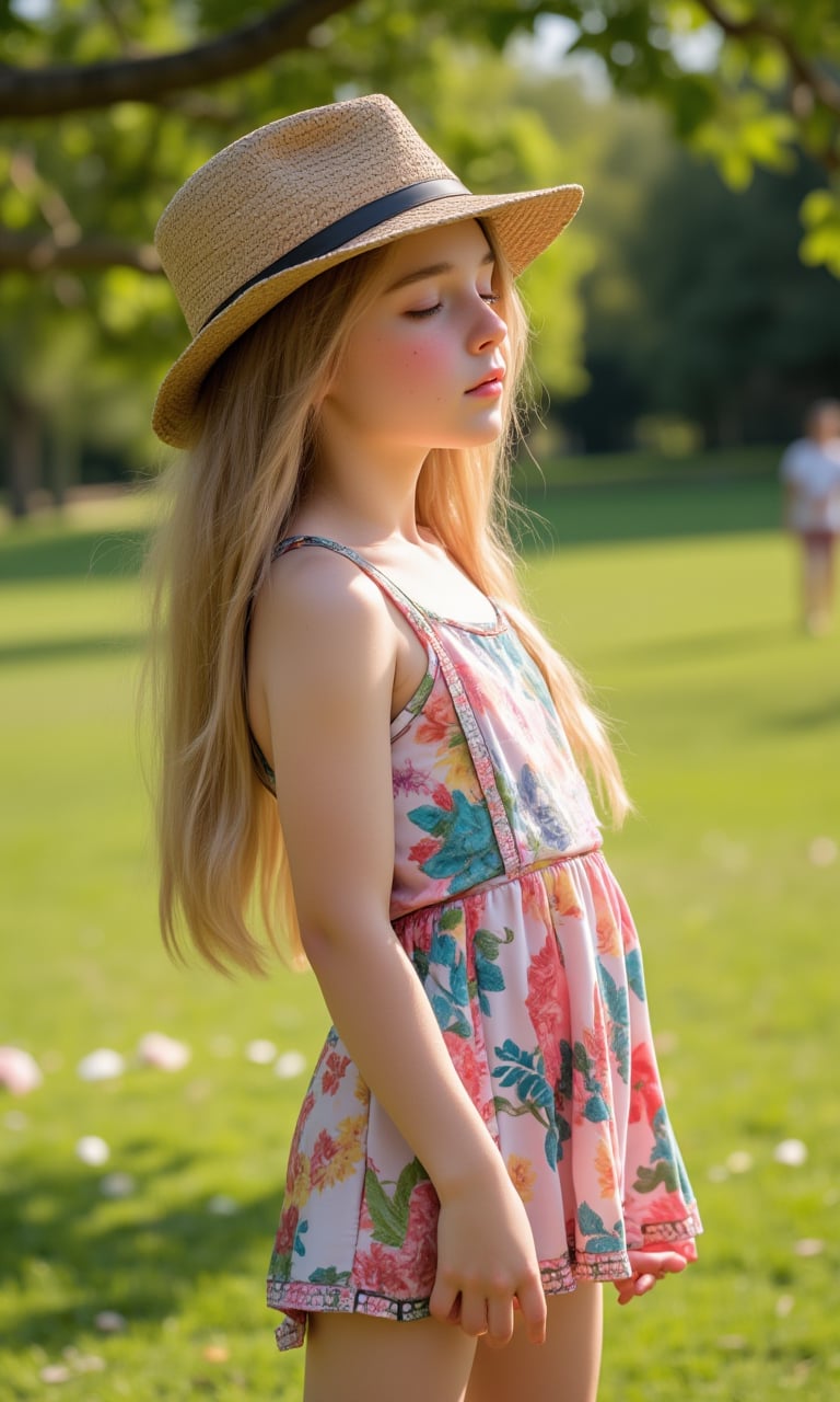 Portrait of a Pretty young girl (Half body), 11 years old, slim, cute face, tween, thin, long blond_hair, wearing cute little colorful dress, shy smile, closed eyes, chin up, head up, style hat, some freckles on the face, side view, from below, sunny day, at the park, deep background, Extremely Realistic, scenery