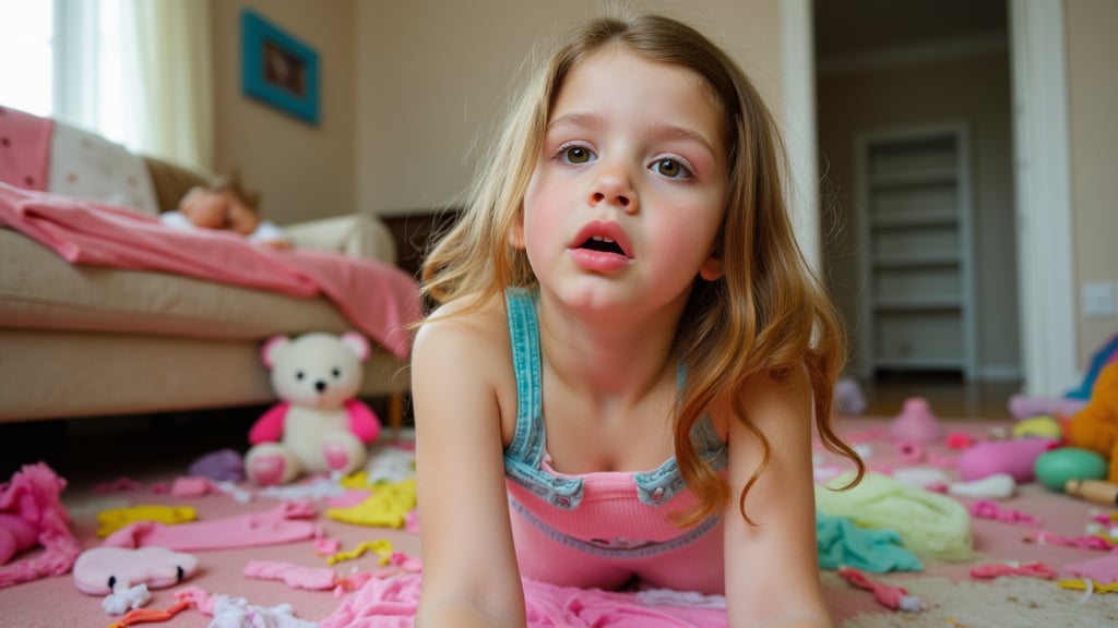 A quiet Afternoon at home. The 8-year-old tween Girl is surprised by Spontaneous Shot in her natural habitat. the camera captures a carefree moment. playfulness. surrounded by scattered plush toys and clothing scattered across the floor. She wears very colourful and sexy clothing and has natural eyes. Childlike charm.