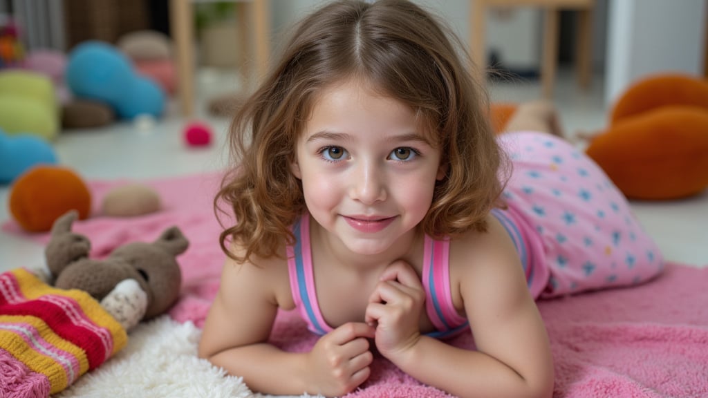 A quiet Afternoon at home. The 8-year-old tween Girl is surprised by Spontaneous Shot in her natural habitat. the camera captures a carefree moment. playfulness. surrounded by scattered plush toys and clothing scattered across the floor. She wears very colourful and sexy clothing and has natural eyes. Childlike charm.