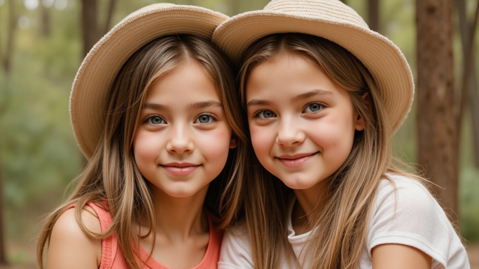 Two tween girls aged between 7 and 9 in a loving embrace. A childish, alluring style loving each other's company. The background is a warm loving environment.