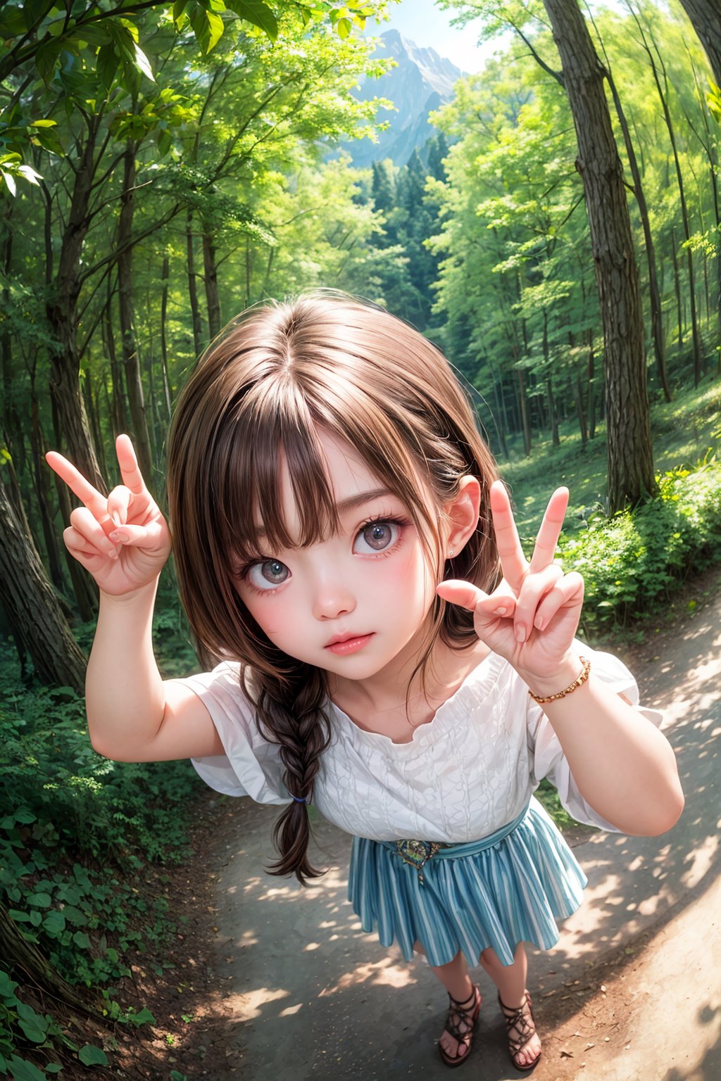 (best quality),(masterpiece:1.1),(extremely detailed CG unity wallpaper:1.1), (colorful cloth :1.3),(panorama shot:1.4),looking at viewer, from above, high res, detailed face, detailed eyes, 1 girl, solo, short-bob roughtly cut and two braided hair-bangs tied behind her head, cute hairstyle, full body, mountain forest , outdoors, (perfect fingers :1.4), perfect face, five fingers for each hand, (photo shoot pose :1.4), fantasy,Exquisite face