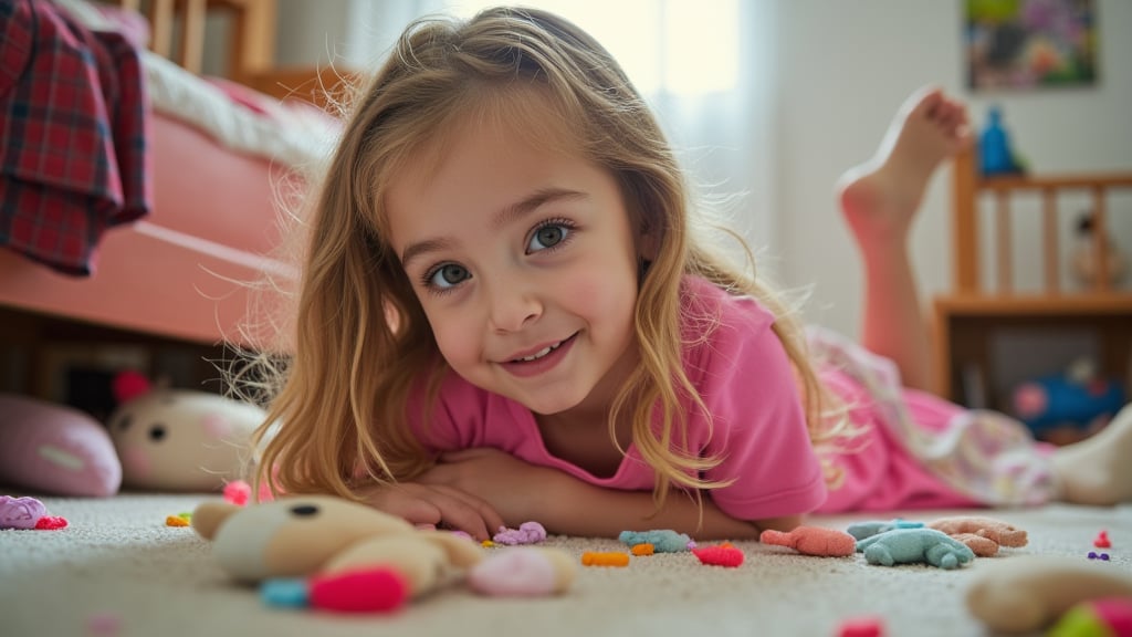 A quiet Afternoon at home. The 8-year-old tween Girl is surprised by Spontaneous Shot in her natural habitat. the camera captures a carefree moment. playfulness. surrounded by scattered plush toys and clothing scattered across the floor. She wears very colourful and sexy clothing and has natural eyes. Childlike charm.