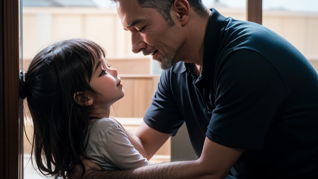 In a tasteful and dignified manner, describe the heartwarming scene of a 50-year-old man tenderly embracing two young girls. His gentle touch conveys a sense of care and protection as one hand rests on the leg of a 10-year-old girl while the other arm encircles the shoulders of an 8-year-old girl. The atmosphere exudes a loving embrace, emphasizing the bond of trust and affection between the man and the two children.