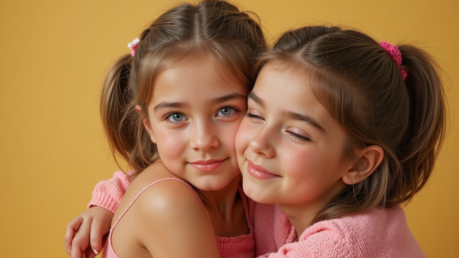 Two tween girls aged between 7 and 9 in a loving embrace. A childish, alluring style loving each other's company. The background is a warm loving environment. "Please Like" is written as part of the environment.