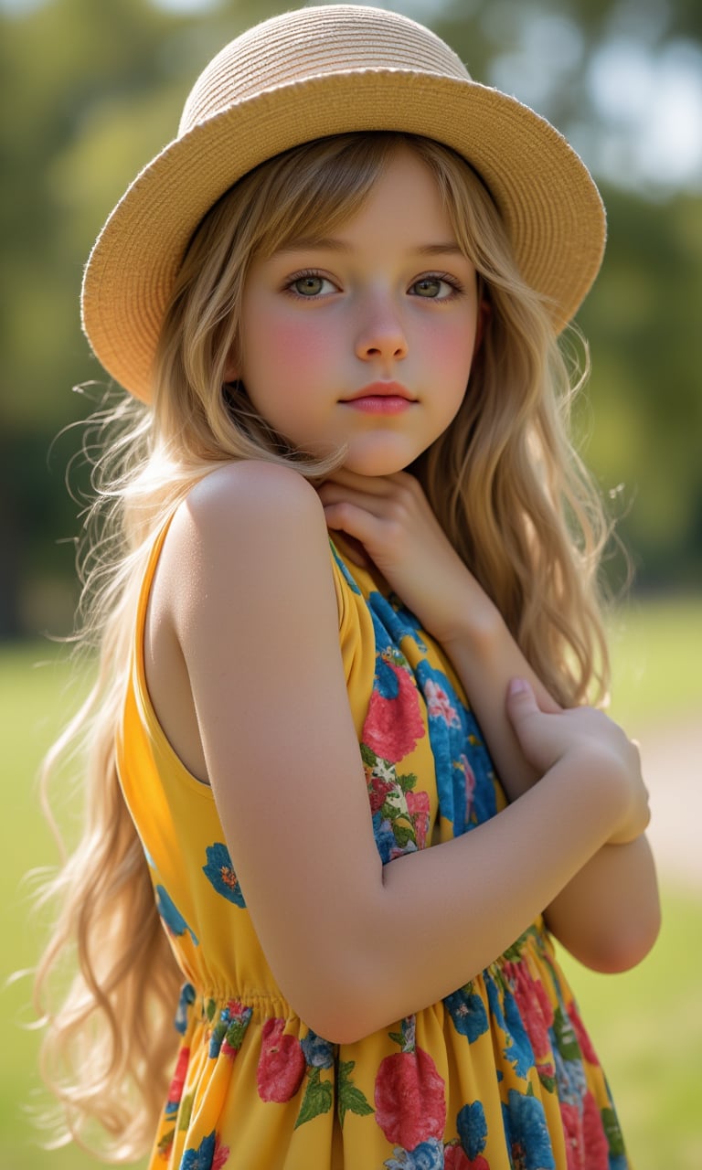 Portrait of a Pretty young girl (Half body), 11 years old, slim, cute face, tween, thin, long blond_hair, wearing cute little colorful dress, shy smile, closed eyes, chin up, head up, style hat, some freckles on the face, side view, from below, sunny day, at the park, deep background, Extremely Realistic, scenery