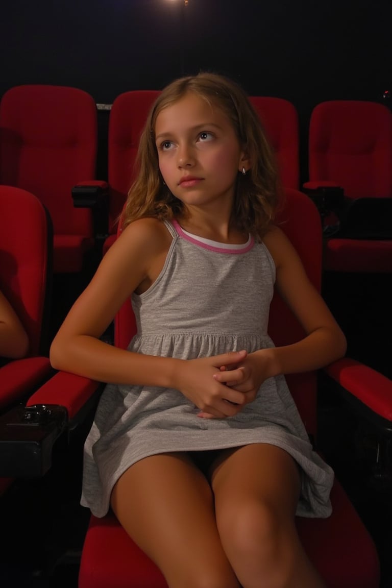 In a Movie Theater Description: A tween girl with eyes with contacts is seated in the front row, eyes wide in amazement, legs crossed in a relaxed position. Her dress shifts slightly, inadvertently exposing a glimpse of her underwear.