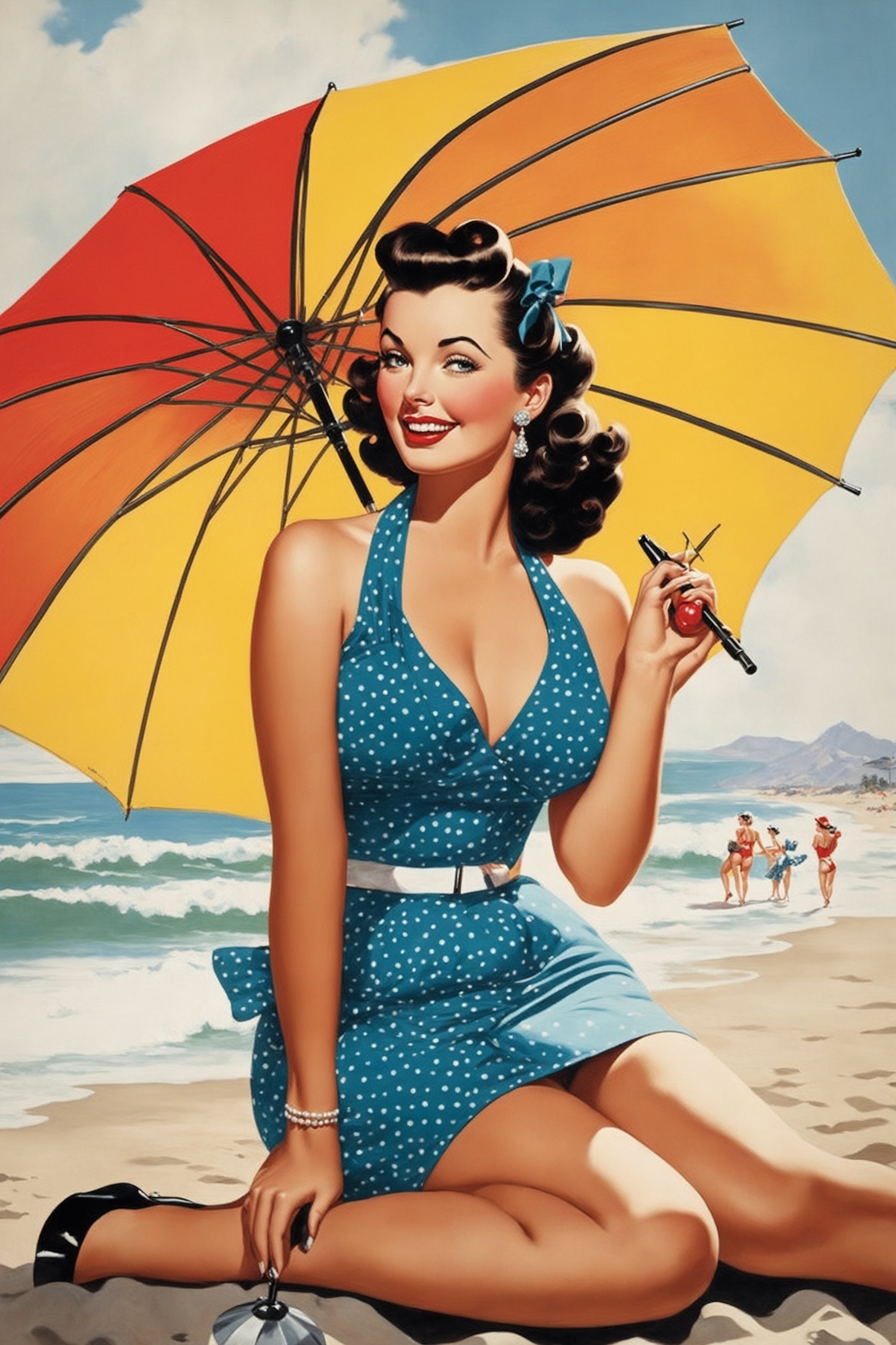 pinup-style artwork. Produce a sultry pinup artwork reminiscent of the 1950s. This time, depict a pinup girl in a playful, coy pose. Dress her in a polka-dot bikini and give her a radiant, come-hither expression. Place her by a retro beach scene with an old-school beach umbrella and soda bottles. Render the image in vibrant colors to capture the era's lively spirit, perfect proportions, straight teeth, aligned teeth, 8k, ultra realistic, detailed face, ultra quality, correctly drawn legs, symmetrical umbrella, photorealistic, ultra sharp, 
generate an image featuring a single subject with only two hands. Ensure that the hands are proportionate, correctly positioned, and do not appear to be growing from each other. The subject can be in any pose or setting, but it must have only two hands that are natural in appearance and placement. Avoid any additional or unusual hand-related elements.
Generate an image featuring a single subject with precisely two realistic legs and feet. Ensure that the legs and feet are correctly positioned, anatomically accurate, and free from any deformities or mutations. The subject can be in any pose or setting, but it must have only two legs and two feet that are proportionate and adhere to natural human anatomy. Avoid any additional or unusual leg-related elements