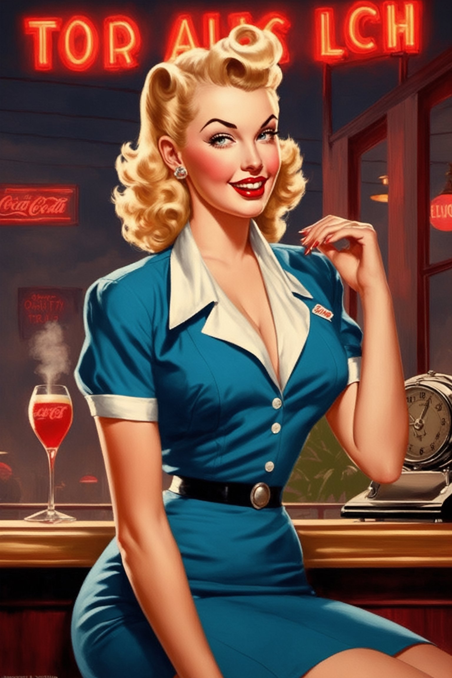 Pinup-style artwork. Create a captivating pinup illustration in the style of the 1940s. Picture a pinup girl striking a confident pose, emphasizing her hourglass figure. Her outfit should feature a stylish pencil skirt and a tailored blazer. Place her against a backdrop of a vintage nightclub or jazz lounge, complete with neon signs and a smoky atmosphere. 
Drawing style by pin-up artist Gil Elvgren,photo r3al