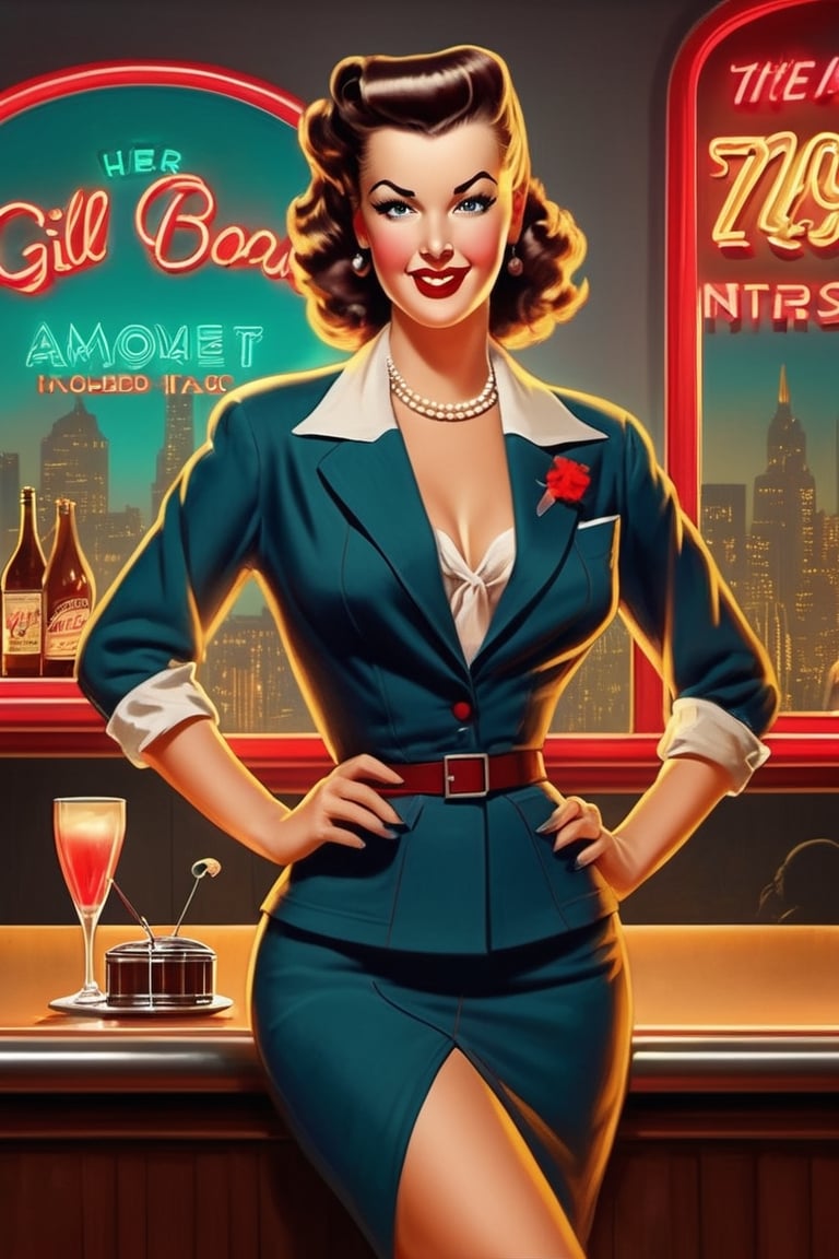 Create a captivating pinup illustration in the style of the 1940s. Picture a pinup girl striking a confident pose, emphasizing her hourglass figure. Her outfit should feature a stylish pencil skirt and a tailored blazer. Place her against a backdrop of a vintage nightclub or jazz lounge, complete with neon signs and a smoky atmosphere. 
Drawing style by pin-up artist Gil Elvgren,photo r3al