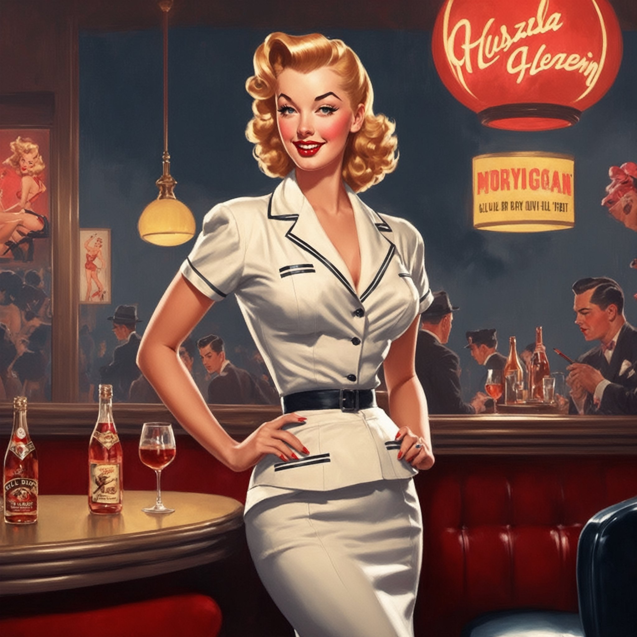 Pinup-style artwork. Create a captivating pinup illustration in the style of the 1940s. Picture a pinup girl striking a confident pose, emphasizing her hourglass figure. Her outfit should feature a stylish pencil skirt and a tailored blazer. Place her against a backdrop of a vintage nightclub or jazz lounge, complete with neon signs and a smoky atmosphere. 
Drawing style by pin-up artist Gil Elvgren