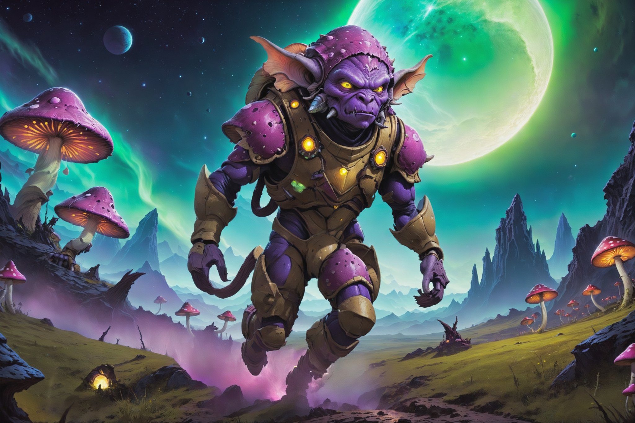 The space goblin, tears through a moonlit landscape, running on a purple planet. This 4k ultra-high definition scene should be ultra-detailed and perfectly illuminated, ensuring every detail contributes to the eerie atmosphere. The story unfolds in another universe, not far away, on a purple planet. The goblin space suit and helmet are illuminated by the flickering glow of gigantic magic mushrooms, set amidst a bright collored and thrilling backdrop. This prompt sets the stage for a suspenseful and thrilling story featuring the space goblin with a weapon and a mysterious planet, with an aurora that illuminate the land and the magic mushrooms.