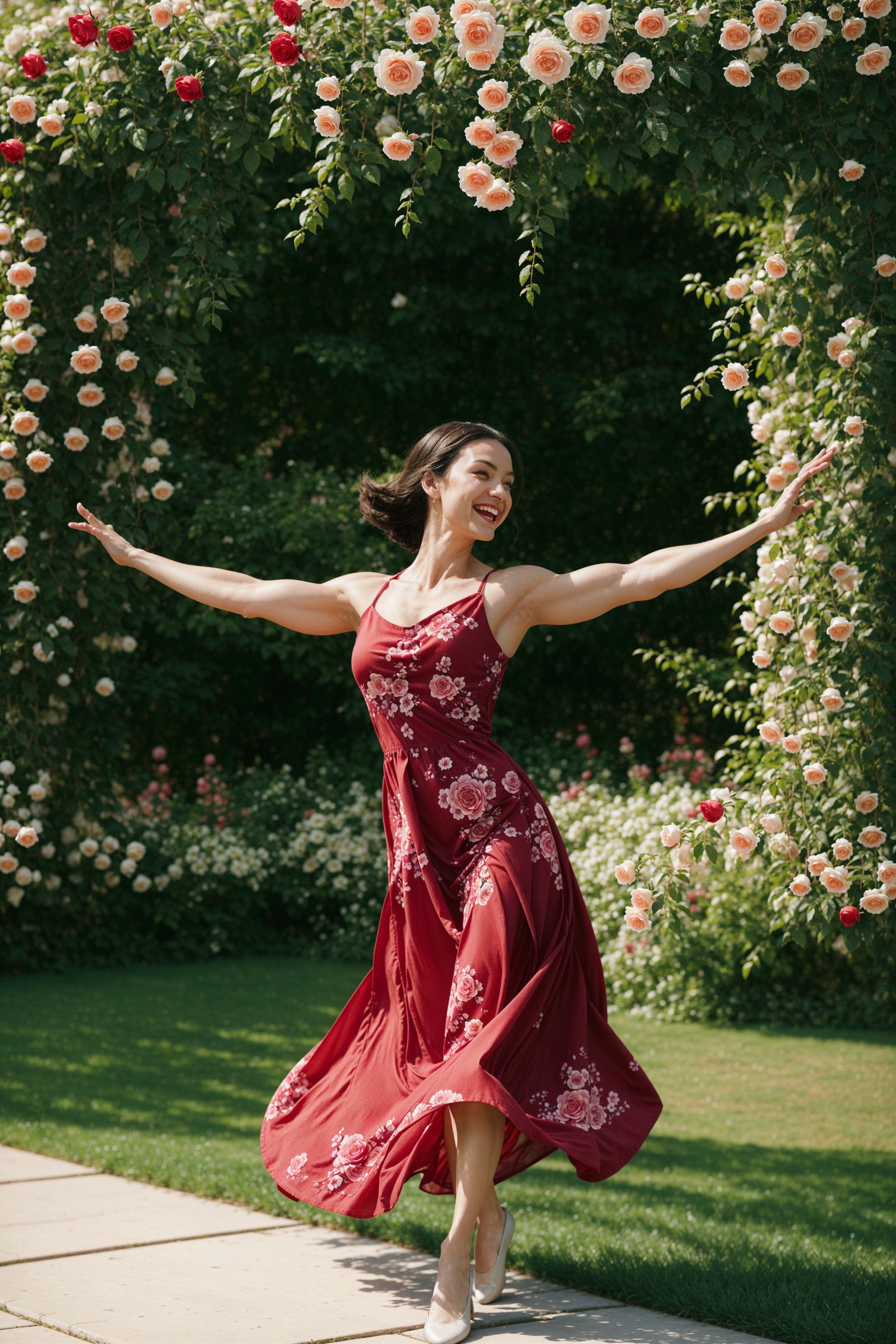 A vibrant image of an muscular woman gracefully dancing in a lush garden filled with blooming roses. The scene captures her in mid-twirl, her dress flowing with the motion, under a soft, warm sunlight that highlights the vibrant red petals and her joyful expression. The composition frames her amidst the dense floral backdrop, emphasizing the harmony between her lively dance and the serene, natural beauty of the roses.