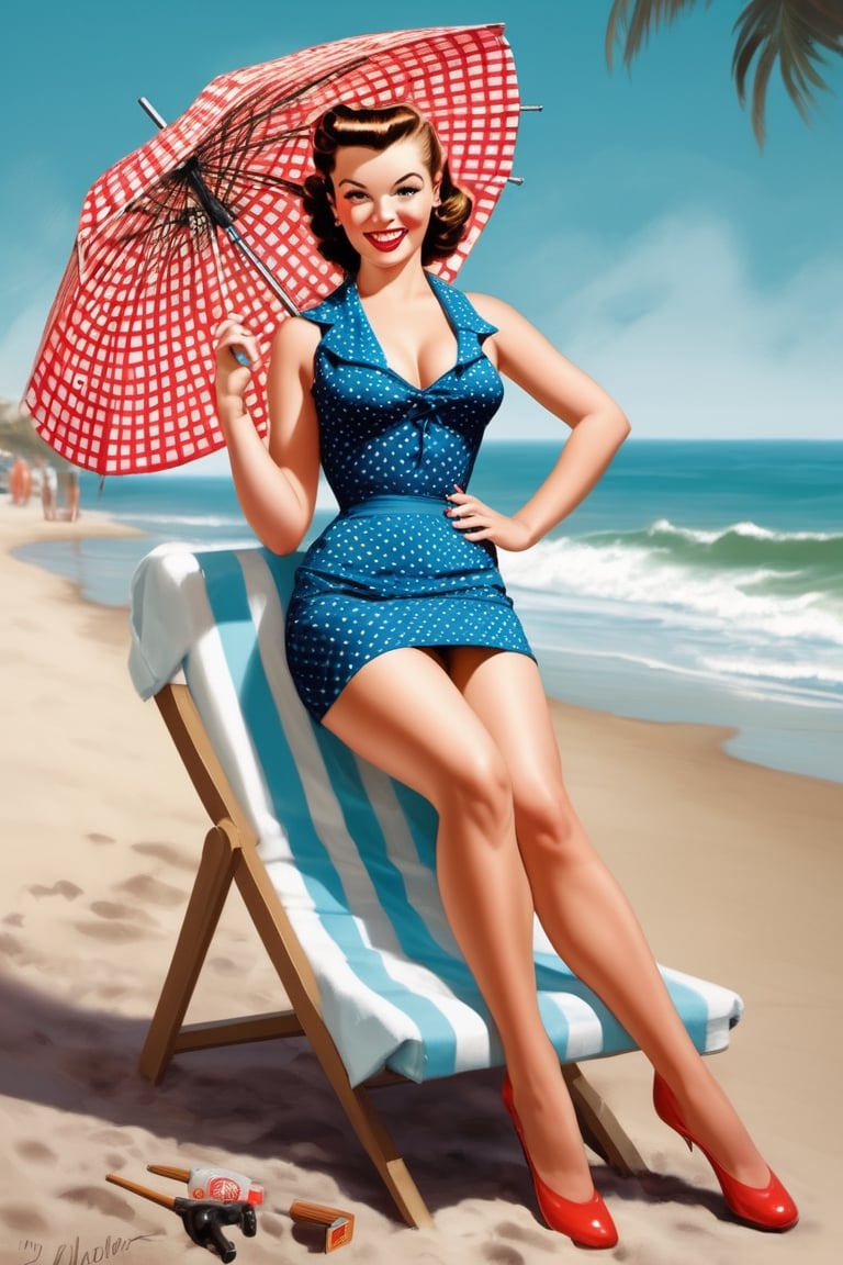 pinup-style artwork. Produce a sultry pinup artwork reminiscent of the 1950s. This time, depict a pinup girl in a playful, coy pose. Dress her in a polka-dot bikini and give her a radiant, come-hither expression. Place her by a retro beach scene with an old-school beach umbrella and soda bottles. Render the image in vibrant colors to capture the era's lively spirit, perfect proportions, straight teeth, aligned teeth, 8k, ultra realistic, detailed face, ultra quality, correctly drawn legs, symmetrical umbrella, photorealistic, ultra sharp, 
generate an image featuring a single subject with only two hands. Ensure that the hands are proportionate, correctly positioned, and do not appear to be growing from each other. The subject can be in any pose or setting, but it must have only two hands that are natural in appearance and placement. Avoid any additional or unusual hand-related elements.
Generate an image featuring a single subject with precisely two realistic legs and feet. Ensure that the legs and feet are correctly positioned, anatomically accurate, and free from any deformities or mutations. The subject can be in any pose or setting, but it must have only two legs and two feet that are proportionate and adhere to natural human anatomy. Avoid any additional or unusual leg-related elements