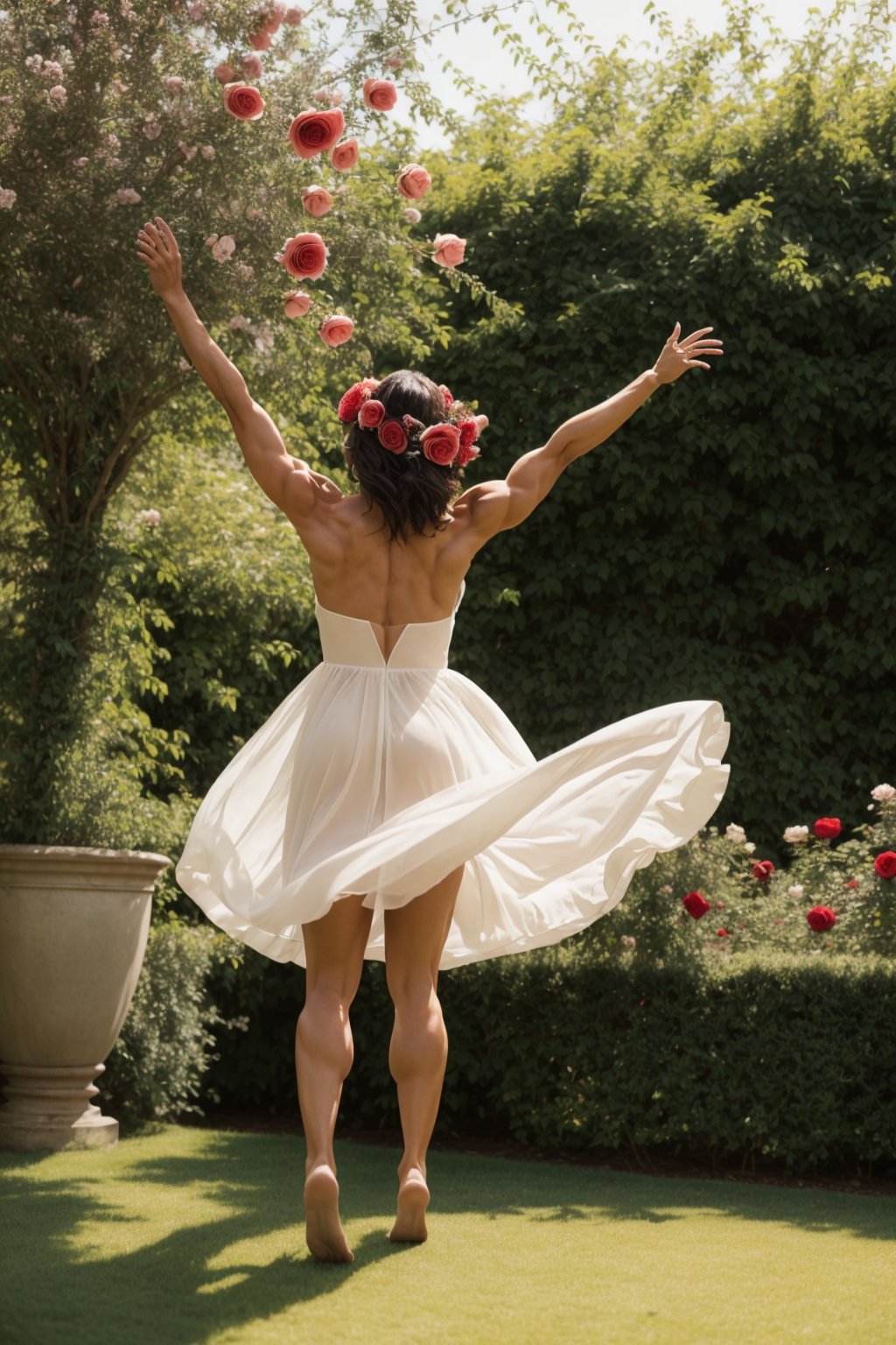 A vibrant image of a muscular woman gracefully dancing in a lush garden filled with blooming roses. The scene captures her in mid-twirl, her dress flowing with the motion, under a soft, warm sunlight that highlights the vibrant red petals and her joyful expression. Her big muscles are bulging, and you can clearly see them through the dress. Photo from behind. The composition frames her amidst the dense floral backdrop, emphasizing the harmony between her lively dance and the serene, natural beauty of the roses.