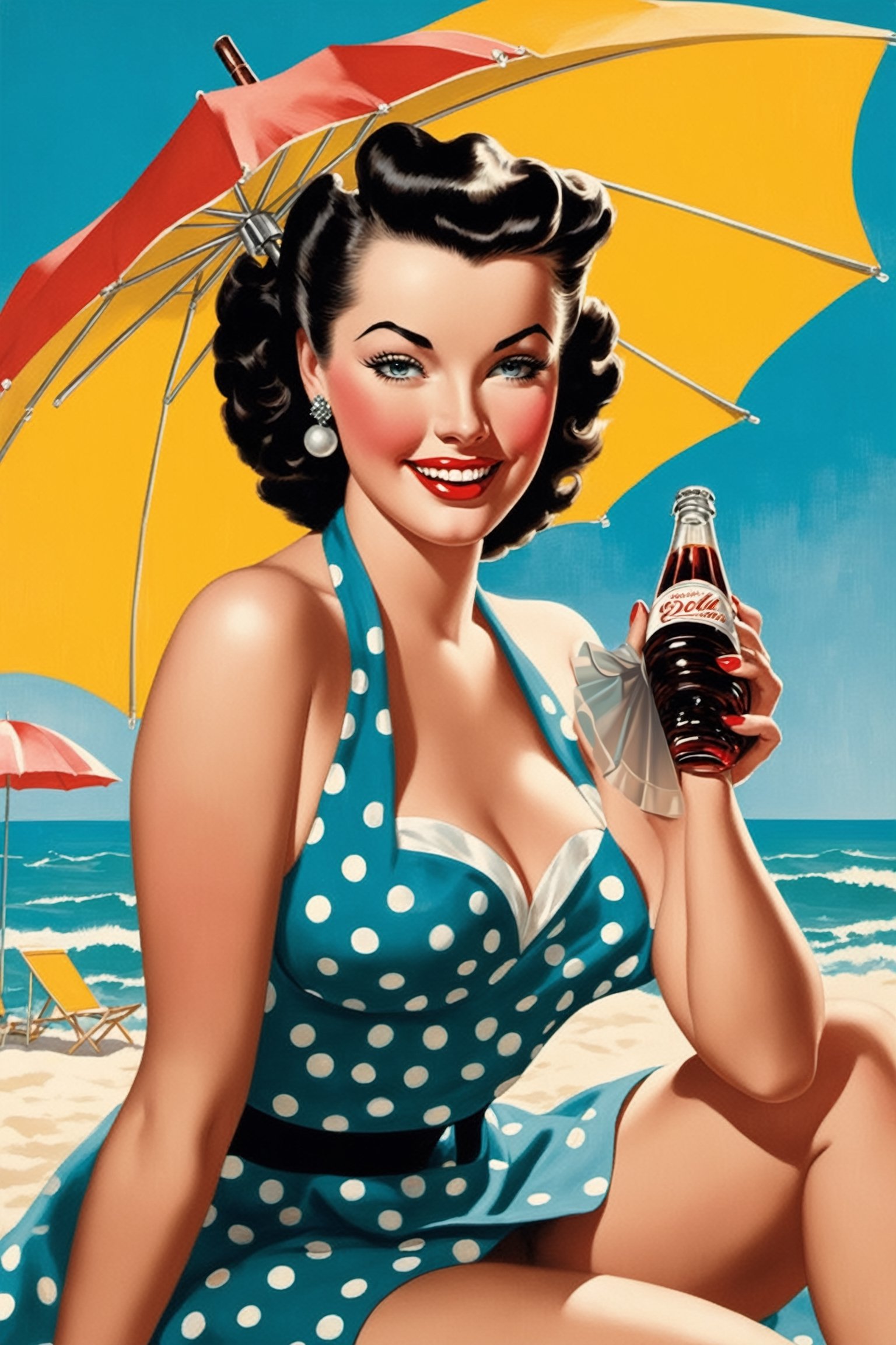 pinup-style artwork. Produce a sultry pinup artwork reminiscent of the 1950s. This time, depict a pinup girl in a playful, coy pose. Dress her in a polka-dot bikini and give her a radiant, come-hither expression. Place her by a retro beach scene with an old-school beach umbrella and soda bottles. Render the image in vibrant colors to capture the era's lively spirit, perfect proportions, straight teeth, aligned teeth, 8k, ultra realistic, detailed face, ultra quality, correctly drawn legs, symmetrical umbrella, photorealistic, ultra sharp